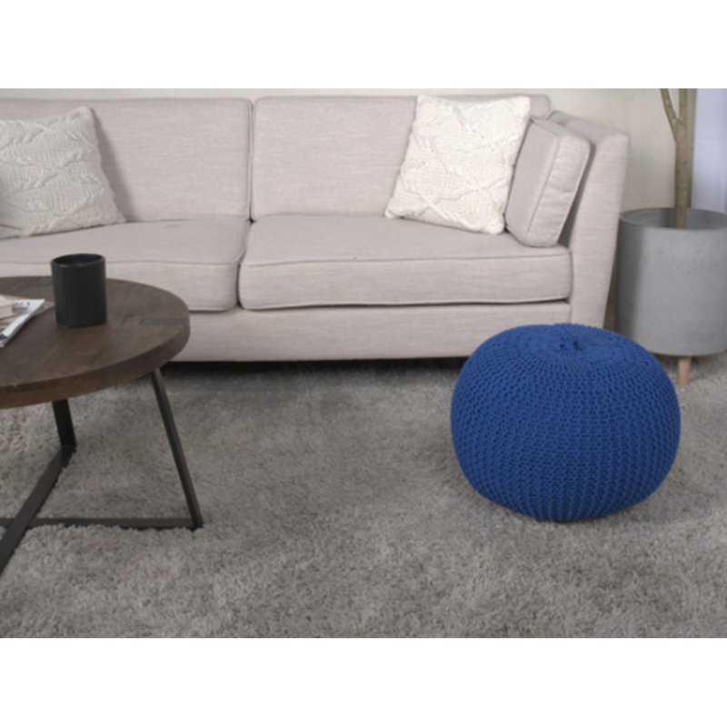 Knitted Cotton Round Pouf - Navy Blue Ottoman Seating | Gift Idea, 12" H x 19.75" W x 19.75" D, Navy