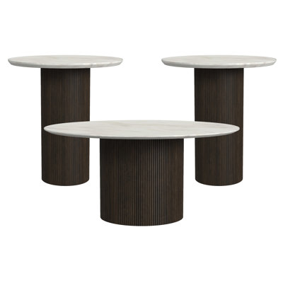 Adelyte 3PC Occasional Table Set With White Faux Marble Top And Base In Dark Brown-Coffee Table & Two End Table