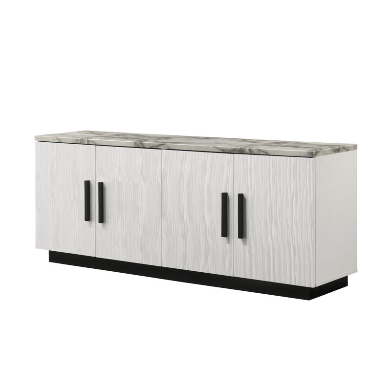 Console de 63 po avec 4 portes, tablette ajustable, base noire, 63 po, avec composition semblable au marbre, composition