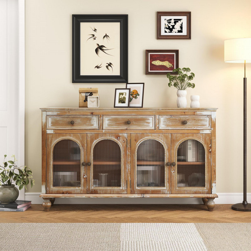 Buffet 59,06 po en bois vieilli avec 3 tiroirs et 4 portes en verre, Brun antique