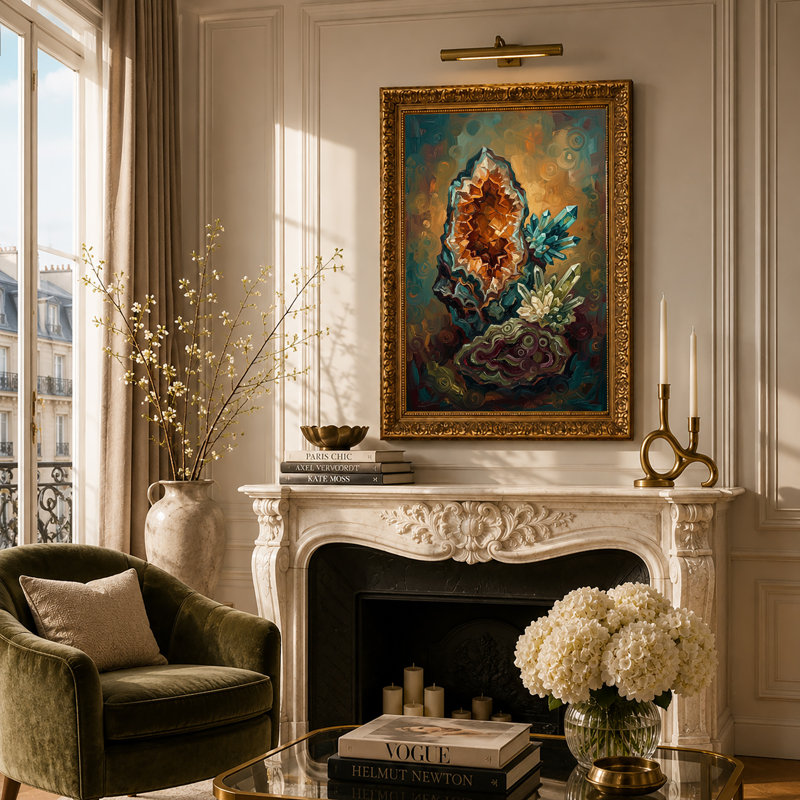 Toile orange sur fond de tourbillons, 24"H x 16"W
