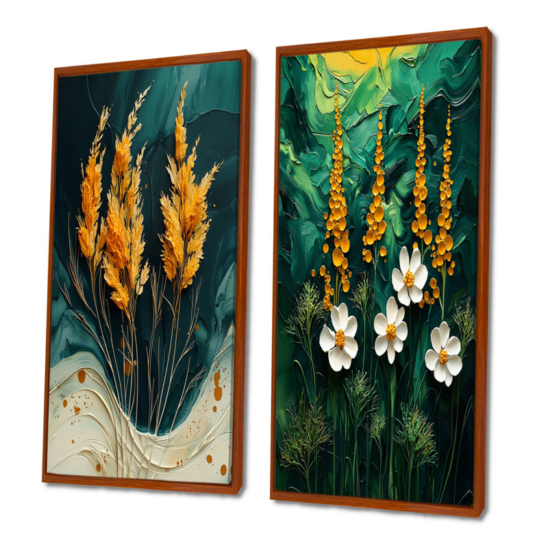 Emerald Yellow Delights Herbs I - ensemble de 2 pièces d'art floral, H 28 po x l 24 po, Cadre flottant brun