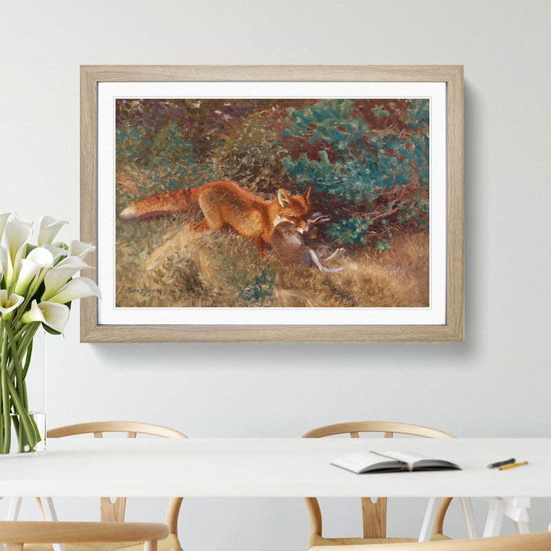 Fox with Brown Hare by Bruno Liljefors - Picture Frame Painting, 27cm H x 36cm W x 2cm D, Oak Framed