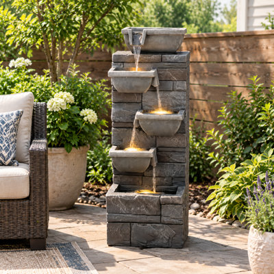 31.5" Modern Stone-Resin Waterfall Fountain with LED Lights – Taupe Outdoor Tiered Fountain