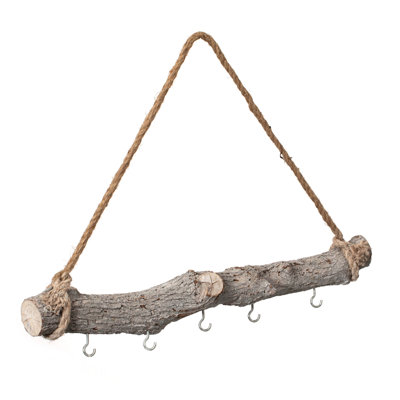  19-inch Natural Decorative Jujube Wooden Log Hanging Farmhouse Wall Decor With 5 Hooks For Keys Hats And Wall Accessories - Perfect For Entryway Living Room Kitchen Hallways And Dining Area