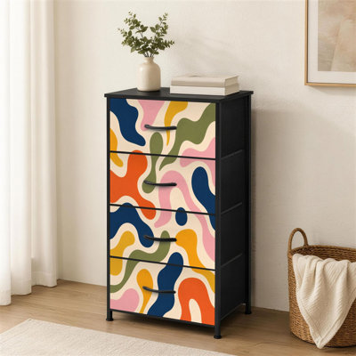 Commode à 4 tiroirs pour chambre à coucher Forme organique abstraite Formes ondulées colorées bleu marine, rose, orange, grande et petite commode pour organisateurs de placard avec commode
