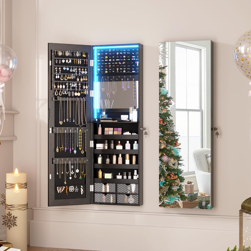 47.2 In. Led Hanging Jewelry Armoire Organizer Cabinet With Full Length Mirror, Black