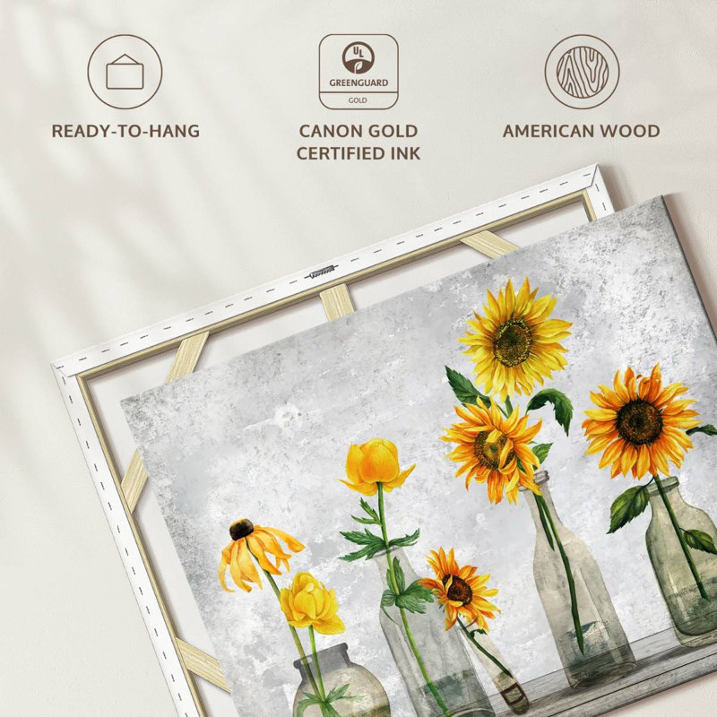 Tournesols dans un vase sur toile, H 10 po x l 8 po x P 1 po