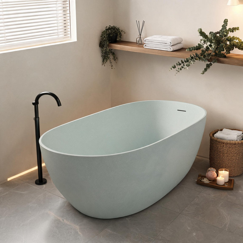 69 inch Turquoise Green Solid Surface Freestanding Soaking Bathtub with Overflow and Pop-up Drain
