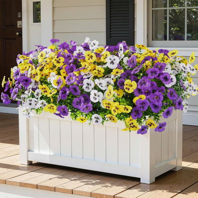 28 paquets de fleurs artificielles pour l'extérieur, de fausses fleurs printanières pour la décoration, de pensées réalistes résistantes aux rayons UV avec de l'eucalyptus, de fausses fleurs pour la cour de la véranda, aubergine jaune et blanc