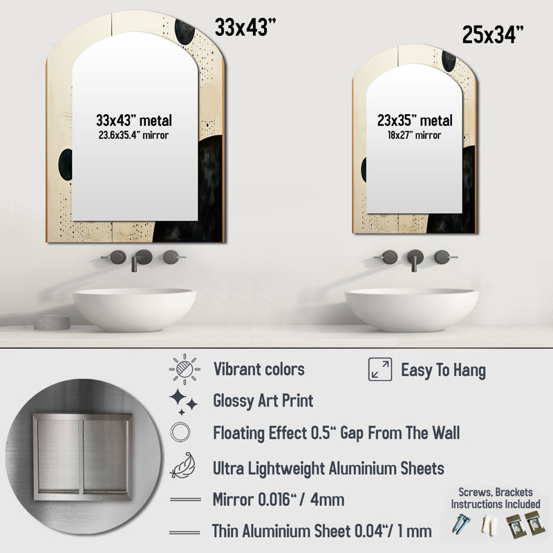 Beige noir Mid Century Minimalist Oasis - miroir mural asymétrique minimaliste, 43 po x 33 po