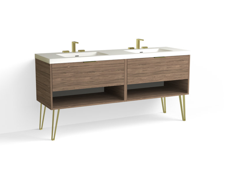 Modo 72" W Freestanding Double Bathroom Vanity with Dawson Leg, Polished Nickel, Matte White/8" Widespread, Biondo