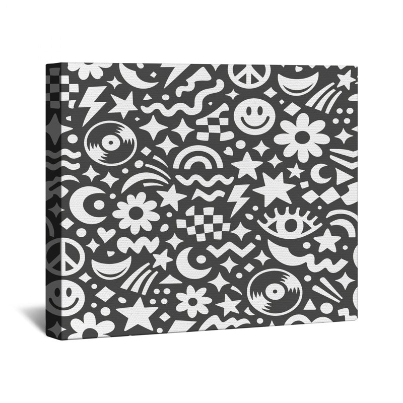 Toile tendue sur fond noir avec symboles noirs et blancs, 16 x 16 inches