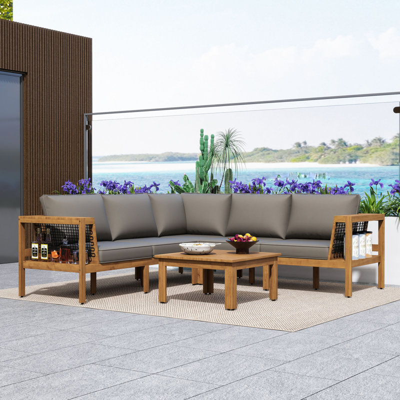 Ensemble de conversation modulaire en L 4 pièces en bois d'acacia avec table basse et coussins pour patio, terrasse ou bord de piscine