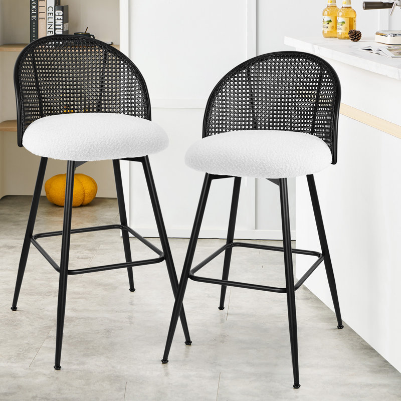 Aansu Swivel Boucle Upholstered Counter & Bar Stool, White, Bar Stool (29" Seat Height), Black