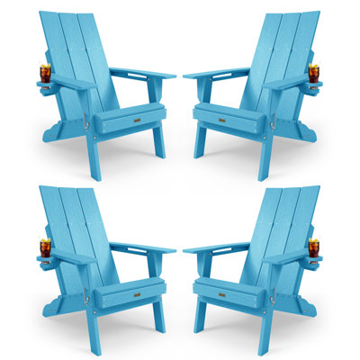 All Weather HDPE Folding Outdoor Adirondack Chair with Cup Holders Durable Oversized Fire Pit Chair Easy Assembly Easy Maintenance Patio Lawn Chair with 380Lbs Load Bearing for Porch, Garden, Backyard, patio, Deck, fire pit, Blue（set of 4）