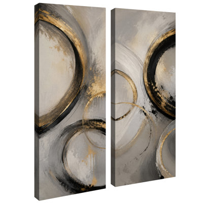 Décoration murale moderne et minimaliste : motif géométrique abstrait circulaire noir et or sur fond gris neutre – Ensemble de 2 impressions sur toile 32 po x 12 po x 2 po