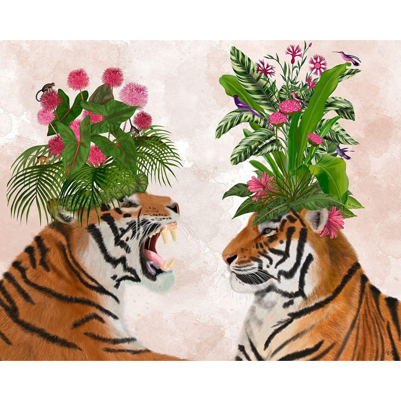 Art sur toile tendue Dakota Fields Fab Funky Gallery: Hot House Tigers, paire, rose vert, H 28 po x l 34 po