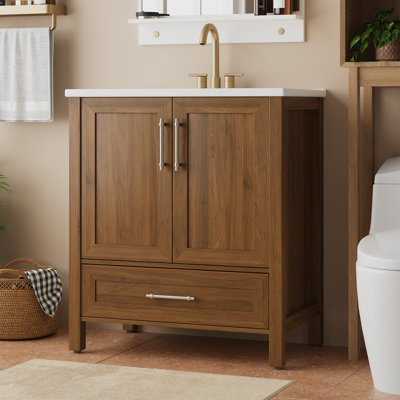 Meuble-lavabo autoportant de 30 po avec lavabo, meuble-lavabo en bois avec porte à fermeture en douceur et poignée en métal, rangement sur pied moderne