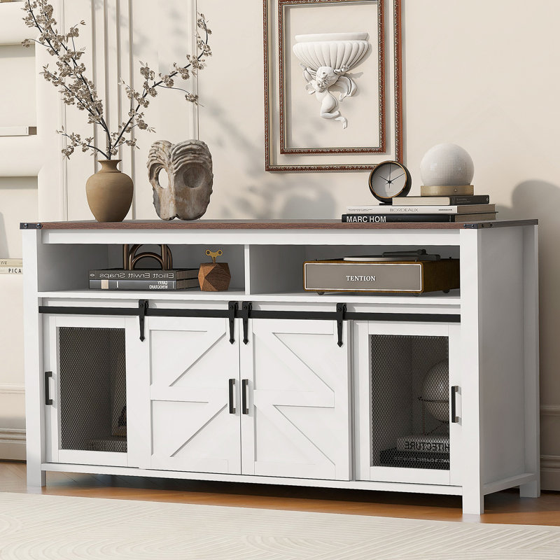 Accent Cabinet, Sideboard With Sliding Barn Door, Farmhouse Buffet With Open Storage For Living Room, Hallway,Kitchen, Office