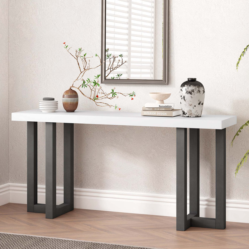 Console à conception géométrique avec pieds en pin massif, Blanc / gris clair