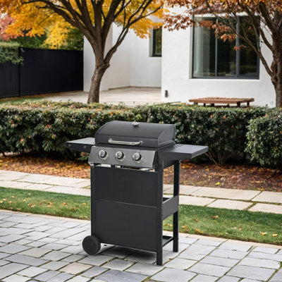 Stainless Steel 3-Burner Propane Grill, 26K BTU, Portable BBQ with Wheels