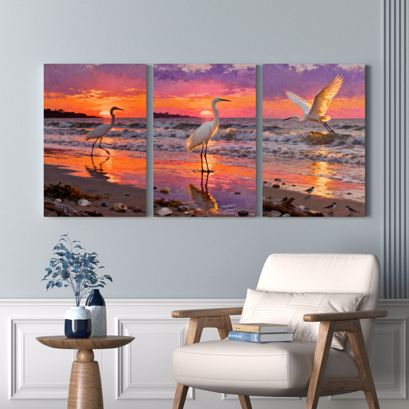 «Sunset Beach Heron», reproduction d'art sur toile tendue sur toile, ensemble de 3, H 18 po x l 36 po