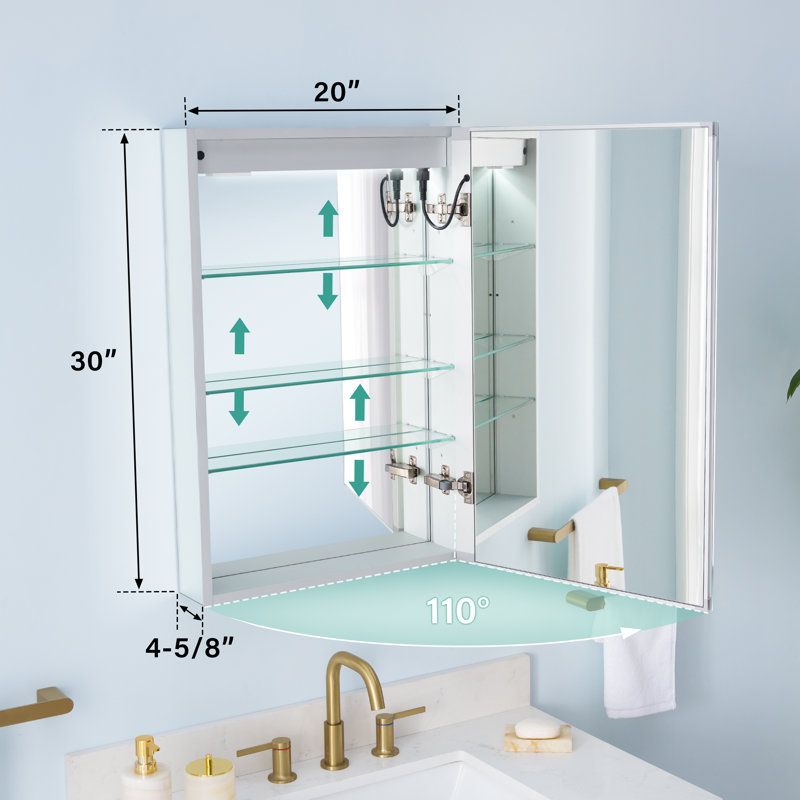 Armoire de salle de bain à DEL encastrée ou en surface avec tablettes en verre réglables, Oui, H 30 po x l 20 po x P 4,63 po