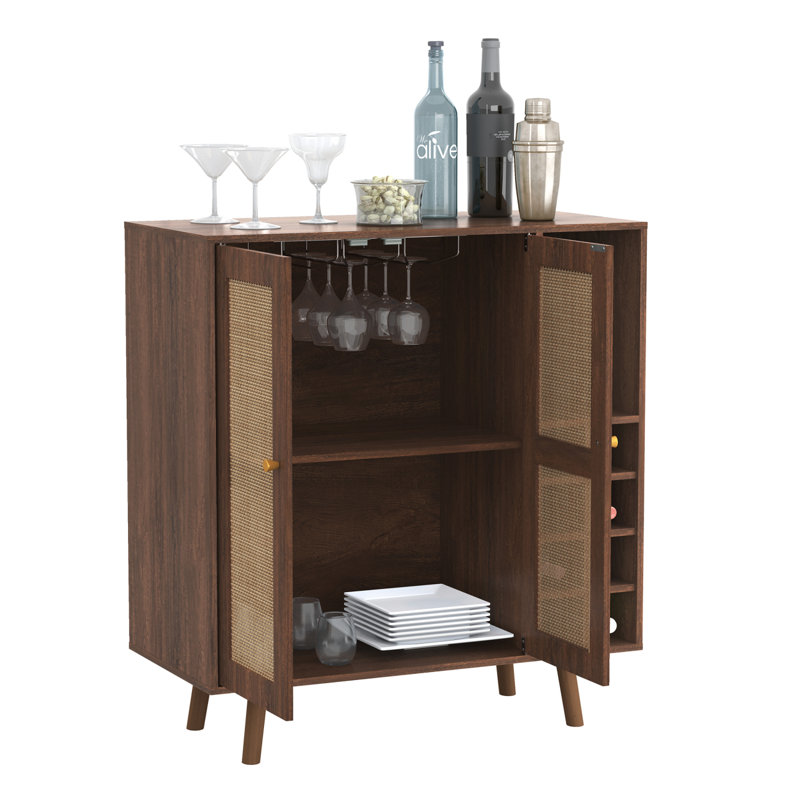 Armoire de bar bohémienne Portes de rotin Armoire à vin amovible, Noyer naturel
