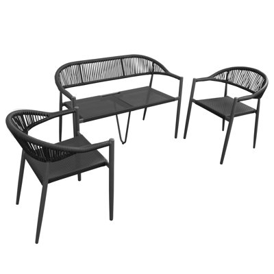 L'ensemble de conversation pour 4 personnes en rotin de PEHD résistant aux intempéries comprend une causeuse et 2 chaises empilables, parfaites pour le patio, la piscine et les petits espaces Balcon Terrasse Jardin Porche