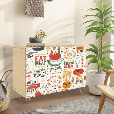 Dakota Fields Sideboard Buffet Cabinet with Storage Typography barbecue seamless BBQ menu texture grilled food with 2 Doors for Living Room and Kitchen