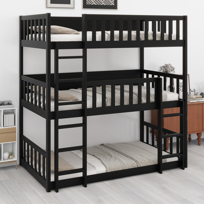 Lit superposé triple en bois, avec échelles, lit superposé détachable avec garde-corps, Noir