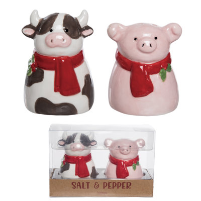 Dolomite Holiday Cow with Pig Salt and Pepper Set of 2, Salt and Pepper Shaker, Pink, Ceramic, Table, Kitchen, Christmas, Tabletop