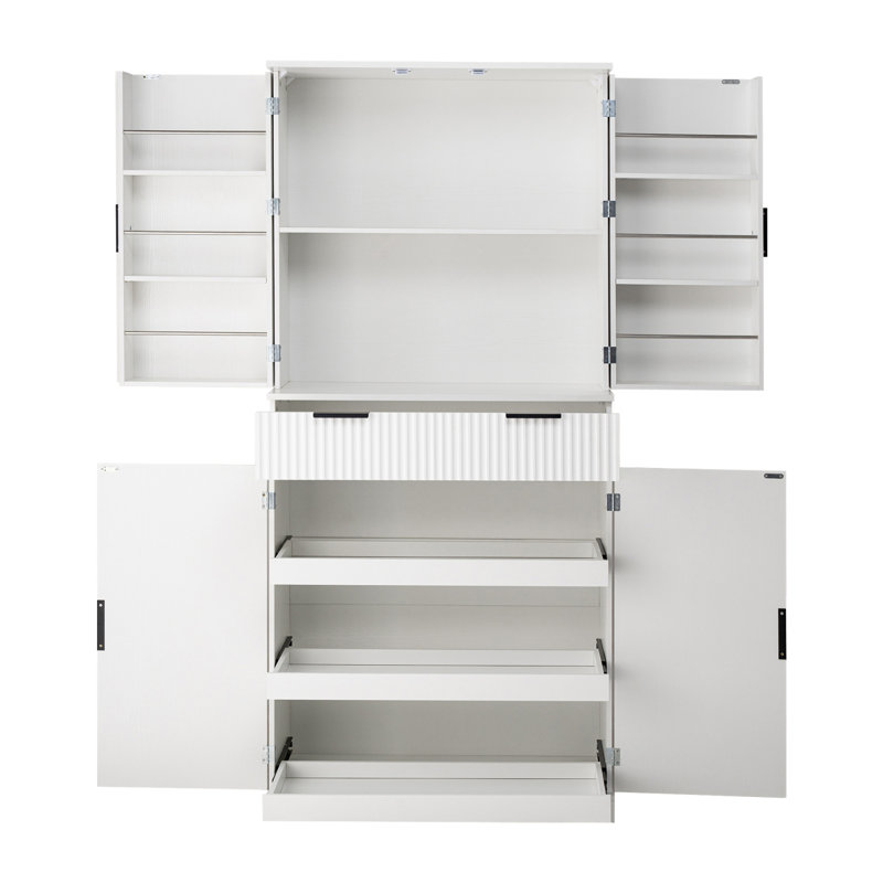Armoire de cuisine 72 "cannelée avec 3 tiroirs à clavier et 6 tablettes de porte, armoire de rangement autoportante réglable pour la salle de bain, la salle à manger, le bureau, le vestibule, blanc