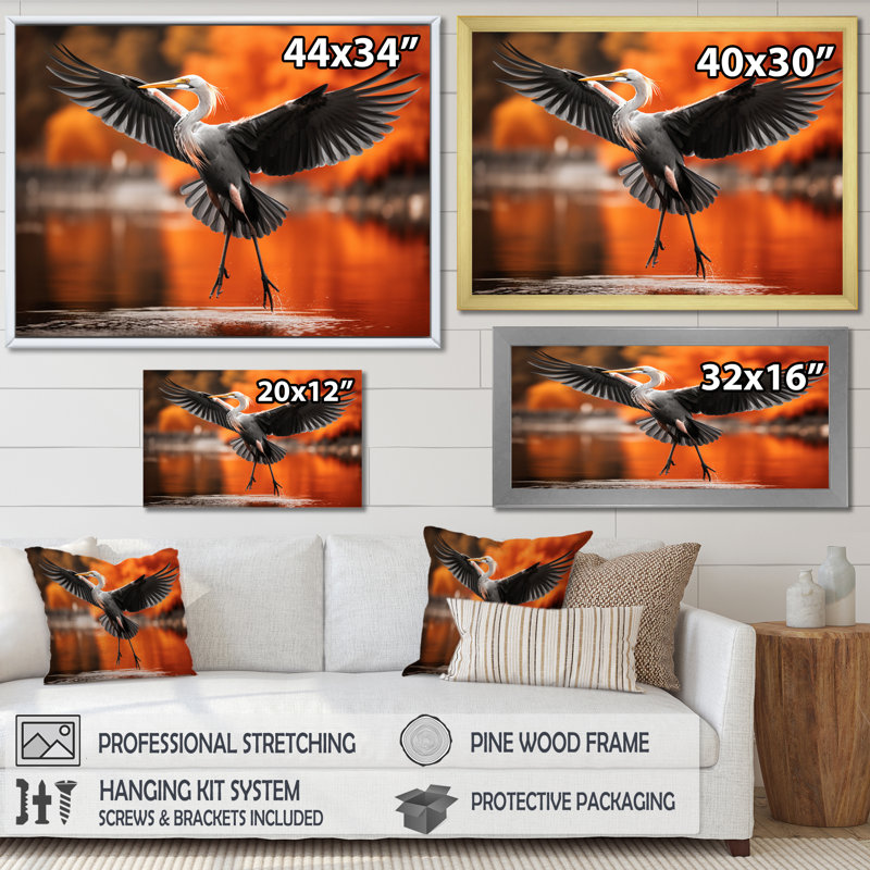 Orange Grey Heron Graceful Heron In Autumn I - Animals Canvas Prints, H 24 po x l 32 po x P 1 po, Toile tendue