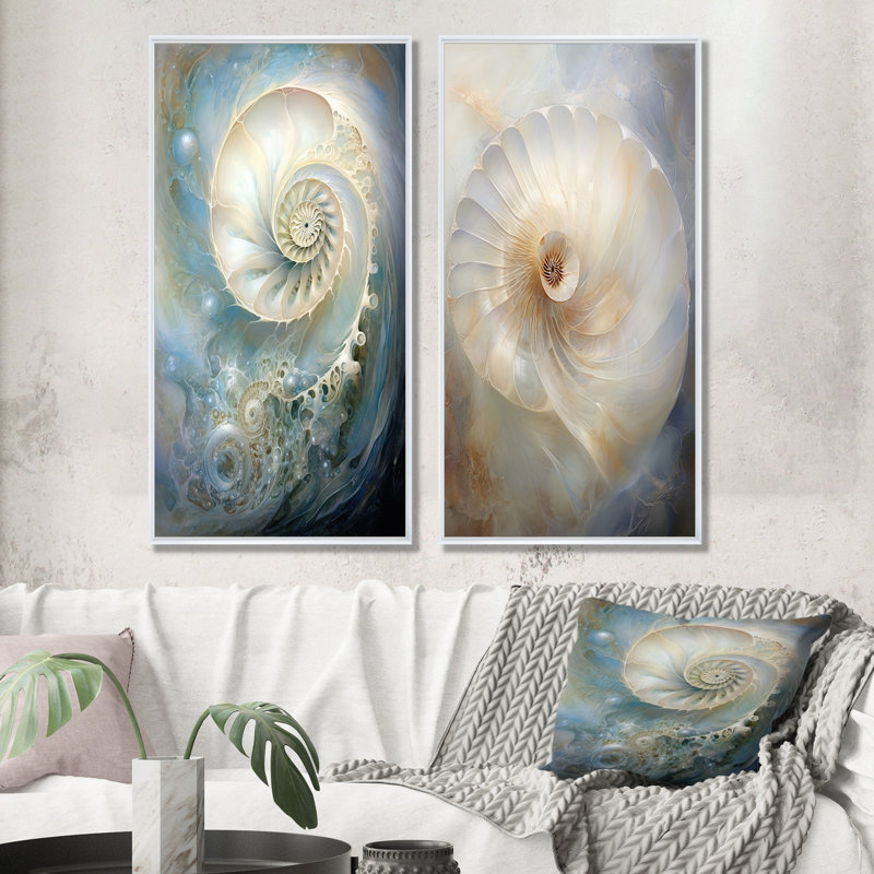 Bleu et blanc Nautilus Pearl Passage - ensemble de 2 reproductions d'art mural Nautilus, Cadre flottant blanc