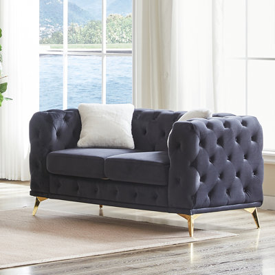Canapé en velours de luxe 61,25 pouces avec boutons Chesterfield capitonnés avec 2 coussins et pieds en métal