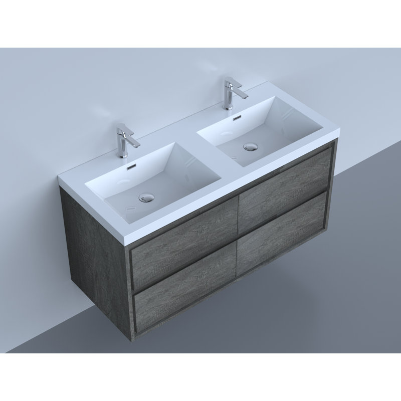 Ensemble de meuble-lavabo double mural 48 po Wittig, Chêne fumé