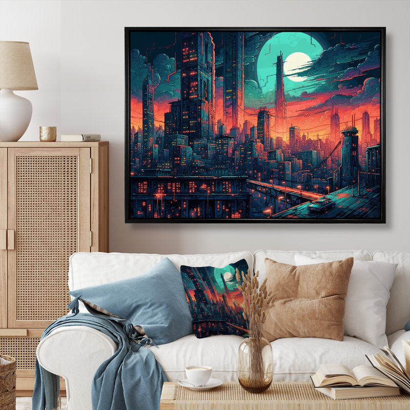 «Green and Orange Metropolis Deco II», reproduction sur toile, H 30 po x l 40 po x P 1,5 po, Cadre flottant noir