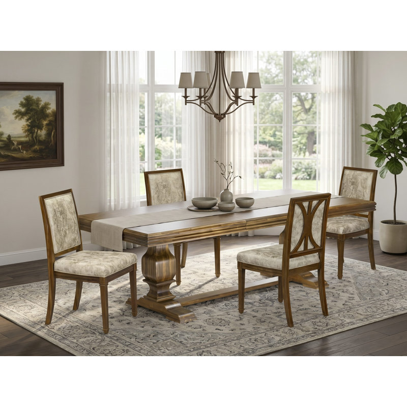 5-piece Dining Table Set includes a Modern Dining Table and 4 Dark Grey PU Leather Kitchen Chairs with High Back - Antique Walnut Finish