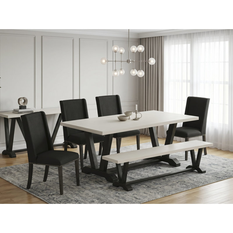 6 Piece Dining Room Table Set Contains a Rectangle Kitchen Table with V-Legs and 4 Black Linen Fabric Parson Chairs with a Bench, Wire brushed Black