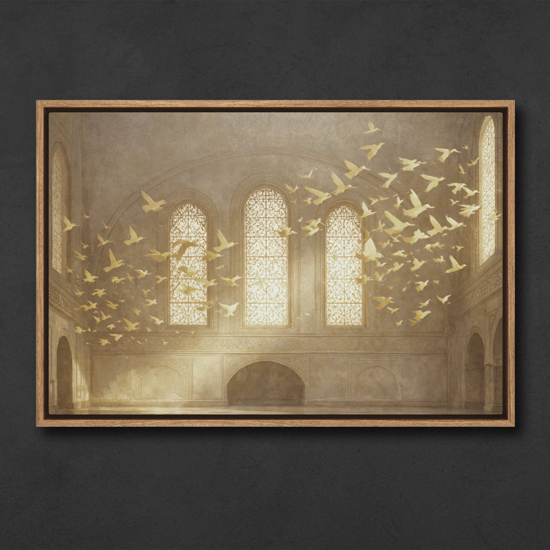 "Golden Hall Interior" avec oiseaux volants et fenêtres arquées, art mural encadré, H 16 po x l 24 po, Naturel