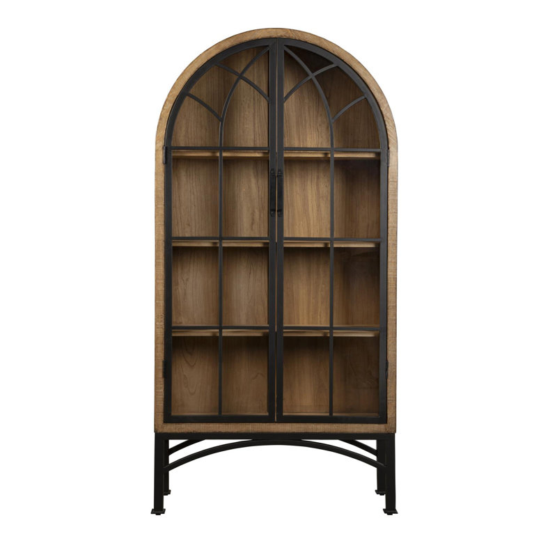 Veria China Cabinet, 2 Glass Door Arch Frame, Wood, 83 Inch, Black/Natural Brown