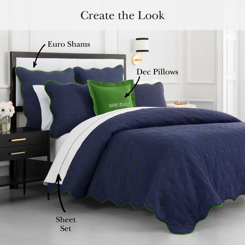 kate spade new york Scalloped Edge Twin Quilt Bedding Set, All Season 2-Piece Set, Navy, Twin Quilt + 1 Sham, Navy