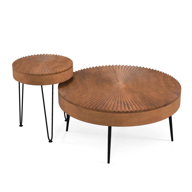Millwood Pines Farmhouse Round Coffeetable Set Of 2 End Table Natural Finish For Living Room Coffee
