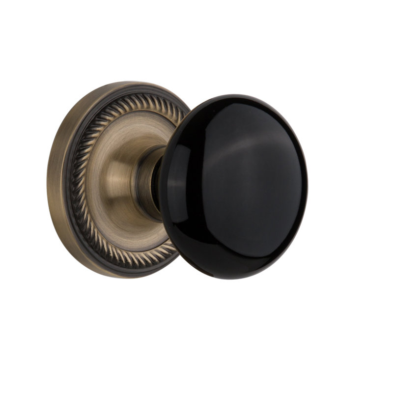 Rope Rosette with Black Porcelain Door Knob, Antique Brass, 2-3/8"