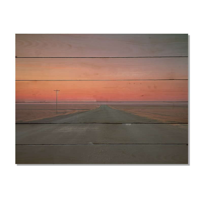 Coucher de soleil sur la route I, art sur bois de pin naturel, H 24 po x l 32 po