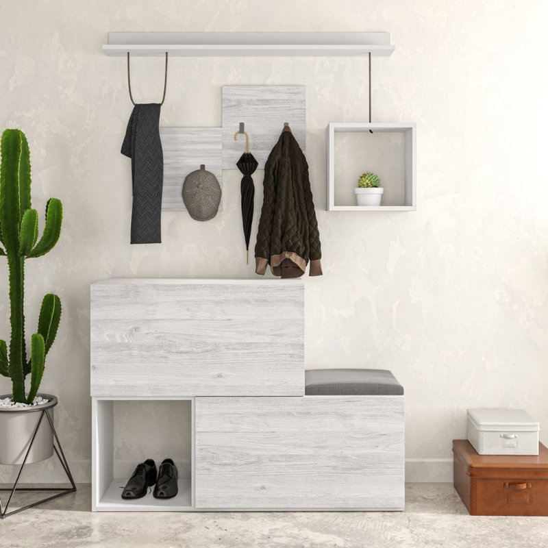 Hall Tree Bench with Shoe Storage and Coat Hooks, Antique White