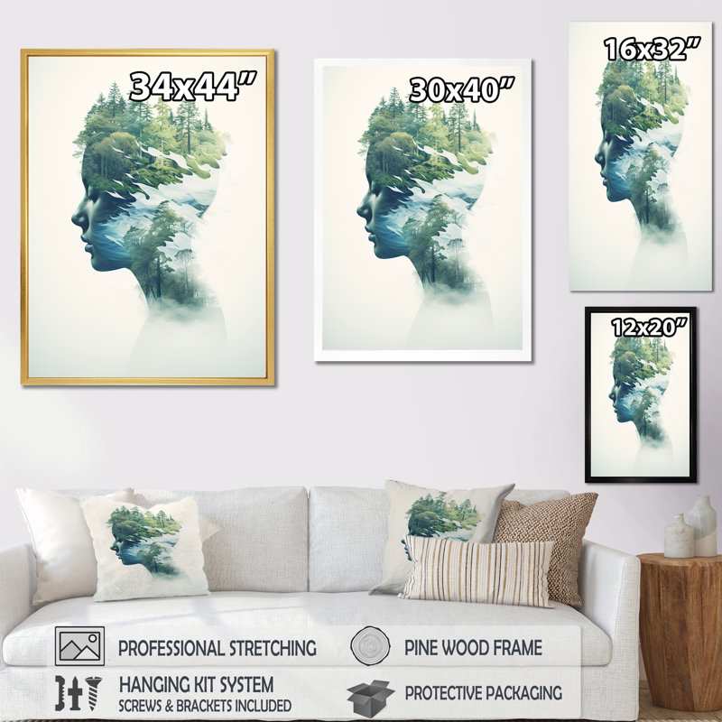 Mindfulness Calming Double Exposure Portrait - reproduction, Toile tendue, H 20 po x l 12 po x P 1 po