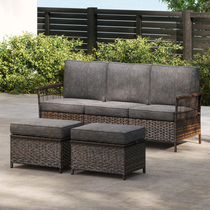 Patio Three-seat Sofa And Ottomans With Cushions